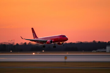 Fototapeta na wymiar airplane landing at sunset. Generative AI