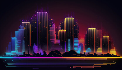 Neon mega city capital towers with futuristic technology background, future modern building virtual reality, night life style concept, digital design, digital technology scene with Generative Ai.