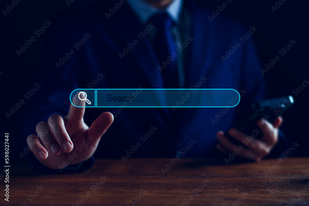 Poster data search technology engine optimization. businessman hand touch searching icon for information on