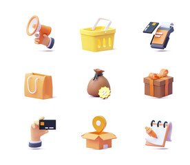 Online shopping icon set. 3d icons. Shopping basket, gift box, bag, shipping or delivery, payment, shopping list, card, discount, promotion and advertising, bonus