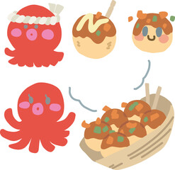たこ焼きとタコのカラーイラストセット