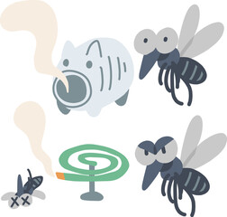 煙の出ている蚊取り線香と蚊のイラストセット