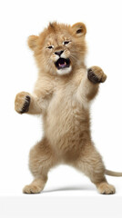 Fototapeta premium Cute funny lion cub playing isolated. Little lion playing with paws. Ai generative art.