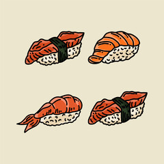 Hand Draw Sushi Set For Japanese Cuisine Restaurant
