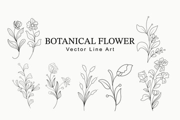 Trendy floral branch and minimalist flowers for logo or decorations. Hand drawn line wedding herb, elegant leaves for invitation save the date card.