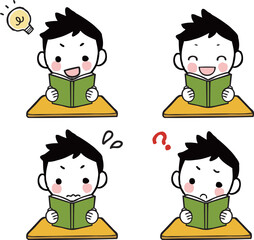 本を読む男の子のイラストセット
