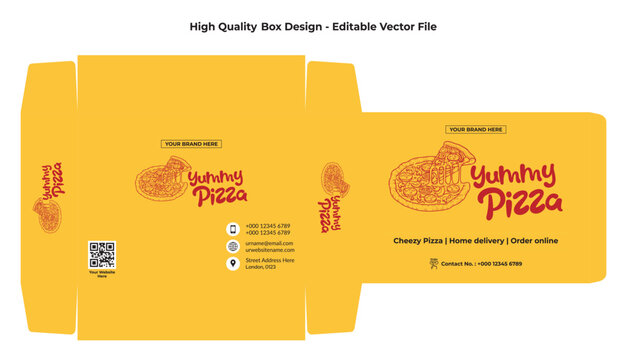 Pizza box design packaging design. Minimal vector packaging with die line. Modern typography, Pizza logo, sketch box design. Craft Paper box custom layout.