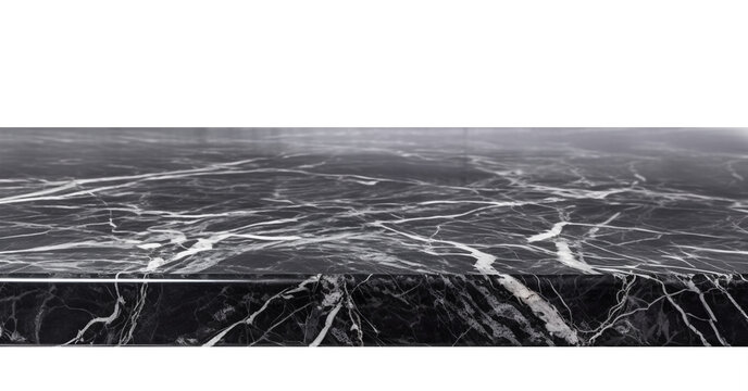 Black marble table surface on transparent background, as PNG. Front view. Tabletop. Cut out element. Copy space for your object, product presentation. Display, promotion, advertising. Generative AI.