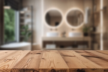 Empty wooden table top and blurred bathroom interior on the background. Copy space for your object, product, cosmetic presentation. Display, promotion, advertising. Generative AI.