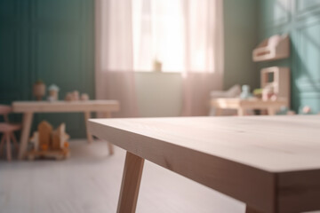 Empty wooden table top and blurred kids room interior on the background. Copy space for your object, product, toy presentation. Display, promotion, advertising. Generative AI.