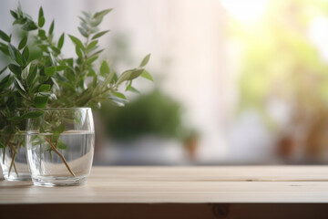 Empty wooden table top and blurred plants on the background. Copy space for your object, product presentation. Display, promotion, advertising. Generative AI.