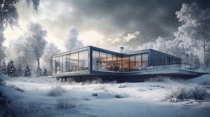 Modern house in winter forest. Generated by a neural network