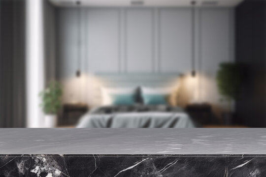 Empty black marble table top and blurred bedroom interior on the background. Copy space for your object, product, cosmetic presentation. Generative AI.