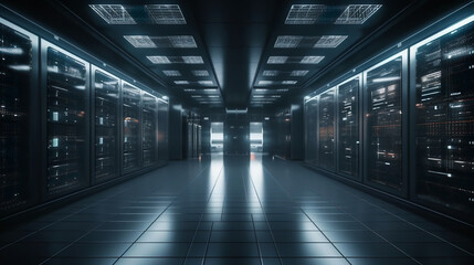 Network and data servers behind glass panels in a server room. Generated by a neural network