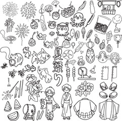 夏祭りや夏をイメージした小物の線画セット