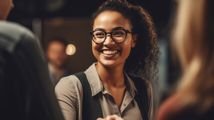 Businesswoman at a networking event conference. Smiling and shaking hands. Generative AI image