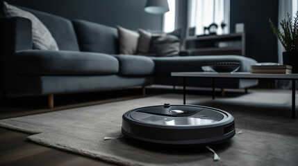 Robot vacuum cleaner cleans in a modern living room. Generated by a neural network