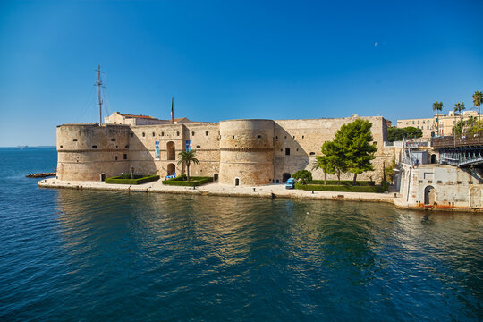 Aragonese Castle of Taranto and revolving bridge on the channel between Big and Small sea, Puglia, Italy
