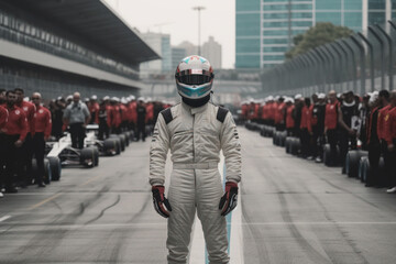 F1 driver standing up at starting line, generative AI