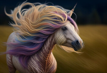 A fabulous unicorn with a huge developing mane walks across the field. AI Generated