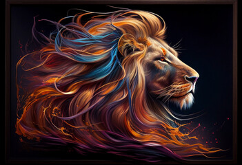 A huge head of a lion with a developing multi-colored mane on a dark background. AI Generated