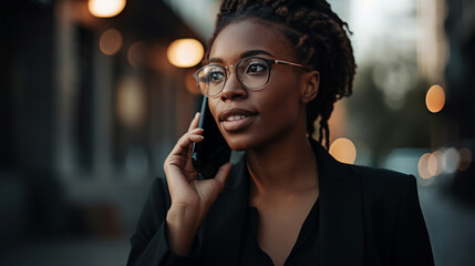 A businesswoman on the phone, speaking with a client or colleague. Generative AI image