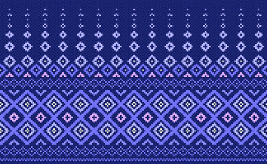 Pixel ethnic pattern, Vector embroidery tribal background, Geometric fashion abstract style, Blue pattern ornate concept, Design for textile, fabric, clothing, tile, wall art