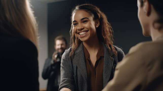 Businesswoman at a networking event conference. Smiling and shaking hands. Generative AI image