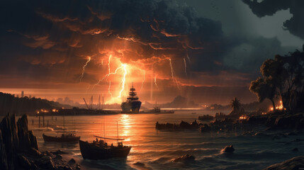 Landscape of a nuclear explosion on the horizon across the ocean, the world war of the superpowers. Generative AI