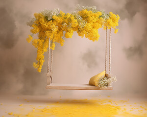 sfondo fotografico bucolico con altalena  piena di fiori gialli, i atmosfera bucolica, ideale per scatti newborn e manipolazione fotografica, creato con AI - obrazy, fototapety, plakaty