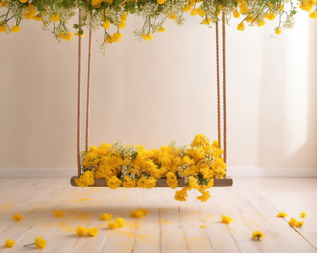 sfondo fotografico bucolico con altalena  piena di fiori gialli, i atmosfera bucolica, ideale per scatti newborn e manipolazione fotografica, creato con AI