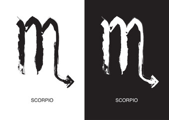 Scorpio is the symbol for zodiac signs. Black ink handwriting poster in two color versions. Vector