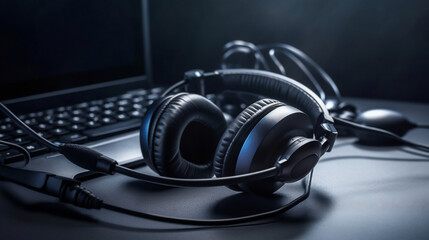 Obraz na płótnie Canvas Headset and customer support equipment at call center ready for actively service, Communication support, call center and customer service help desk. Generative ai
