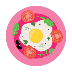 Delicious healthy breakfast - egg with tomatoes and herbs on a plate. Delicious and nutritious morning meal. Vector illustration.