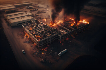 Burning industrial building in the city. Fire and smoke. Generative AI.