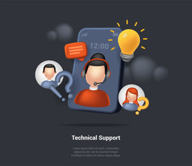 Concept Of Call Center, Technical Support 24 7. Hotline Operator Advise Customers. Woman Virtual Online Consultant In Headphones Helping Customer To Solve Problems. 3d Realistic Vector Illustration