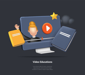 Concept Of Distance Online E-Learning, Video Education, Virtual Teacher Woman Avatar On Monitor Screen With Different Icons. Online Education, Web Courses, Tutorials. 3d Realistic Vector Illustration
