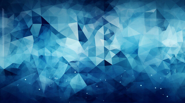 Modern abstract blue background design with layers of textured white transparent material in triangle diamond and squares shapes in random geometric pattern. Triangles. Generative ai