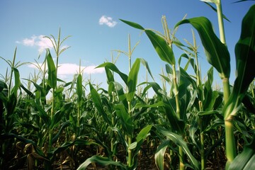 Obraz premium A field of green corn stalks with a blue sky in the background