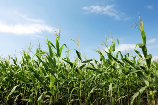 A field of green corn stalks with a blue sky in the background