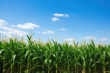 A field of green corn stalks with a blue sky in the background