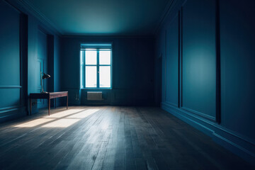 Serene Blue Room with Minimalistic Wall Illuminated by Light and Shadow