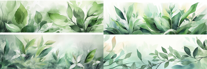 Beautifully illustrated plant textures in watercolor, with fresh green leaves and stunning visuals. Four 10:3 ratio frames ideal for homepage banner backgrounds.  Generative AI 