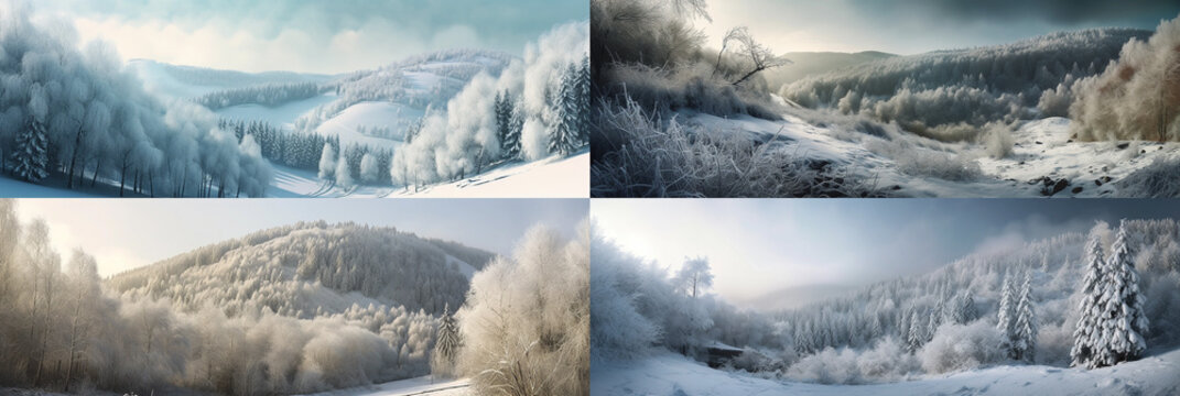 With optimized dimensions for homepage banner backgrounds, these four frames of 10:3 ratio images showcase winter landscapes of snow hills and forests, with textured elements.  Generative AI 