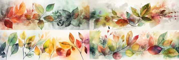 Fototapeta premium Showcasing the stunning colors of autumn, the homepage banner features four frames of 10:3 ratio, each showcasing delicate illustrations and textures of autumn leaves. Generative AI 
