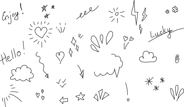 Doodle cute pen line elements. Doodle heart, arrow, star, sparkle decoration symbol set icon. Simple sketch line style emphasis, attention, pattern elements. Vector illustration.