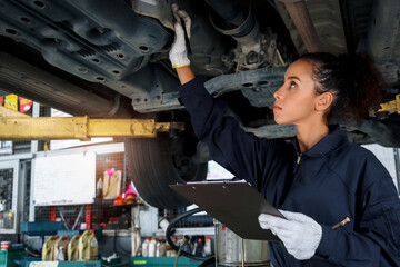 Beautiful female auto mechanic checking wheel tires in garage, car service technician woman repairing customer car at automobile service, inspecting vehicle underbody and suspension engine system.