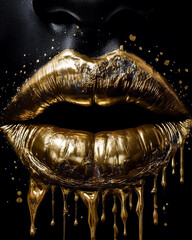 hoy golden lips in molten liquids on a black background