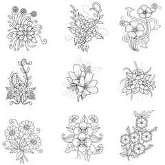Set of different flower line on white background. Flowers drawing with line-art on white backgrounds. 