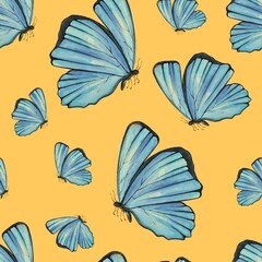 Seamless Pattern Blue butterfly on the yellow background 